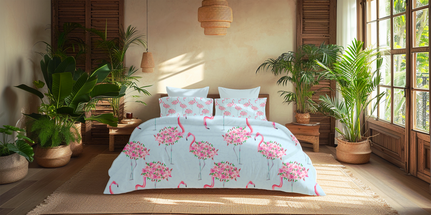 Digitally Printed Bedsheet 300 TC - Pure Cotton Sateen | Aurora Flamingo
