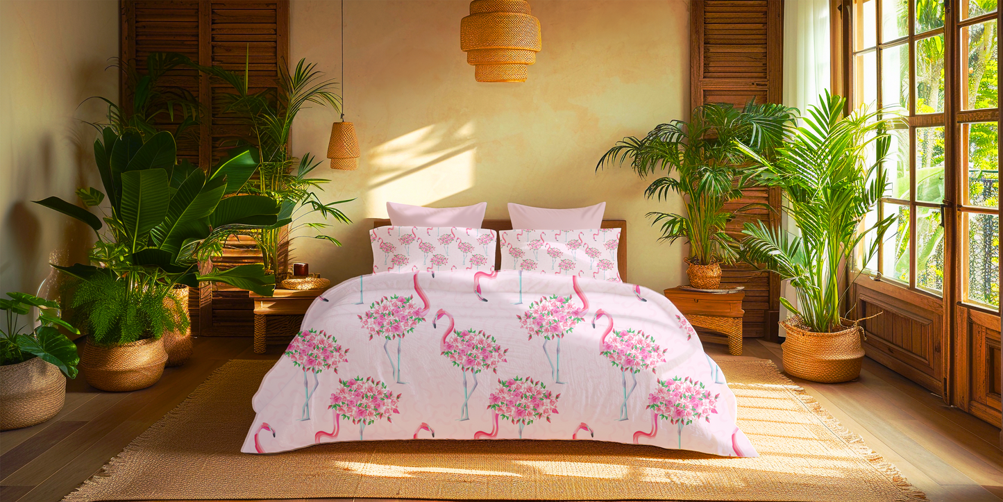 Digitally Printed Bedsheet 300 TC - Pure Cotton Sateen | Flamingo Bloom