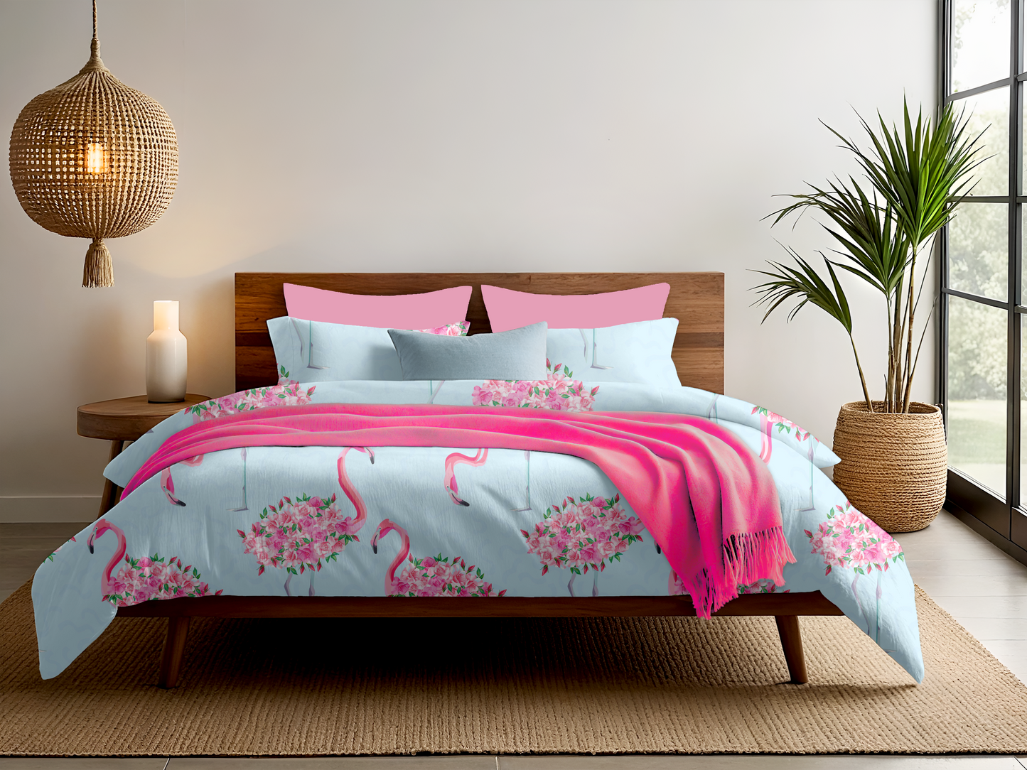 Digitally Printed Bedsheet 300 TC - Pure Cotton Sateen | Aurora Flamingo