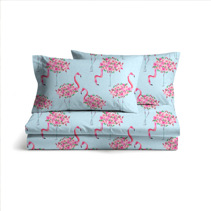 Digitally Printed Bedsheet 300 TC - Pure Cotton Sateen | Aurora Flamingo
