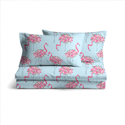Digitally Printed Bedsheet 300 TC - Pure Cotton Sateen | Aurora Flamingo
