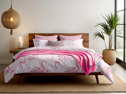 Digitally Printed Bedsheet 300 TC - Pure Cotton Sateen | Flamingo Bloom